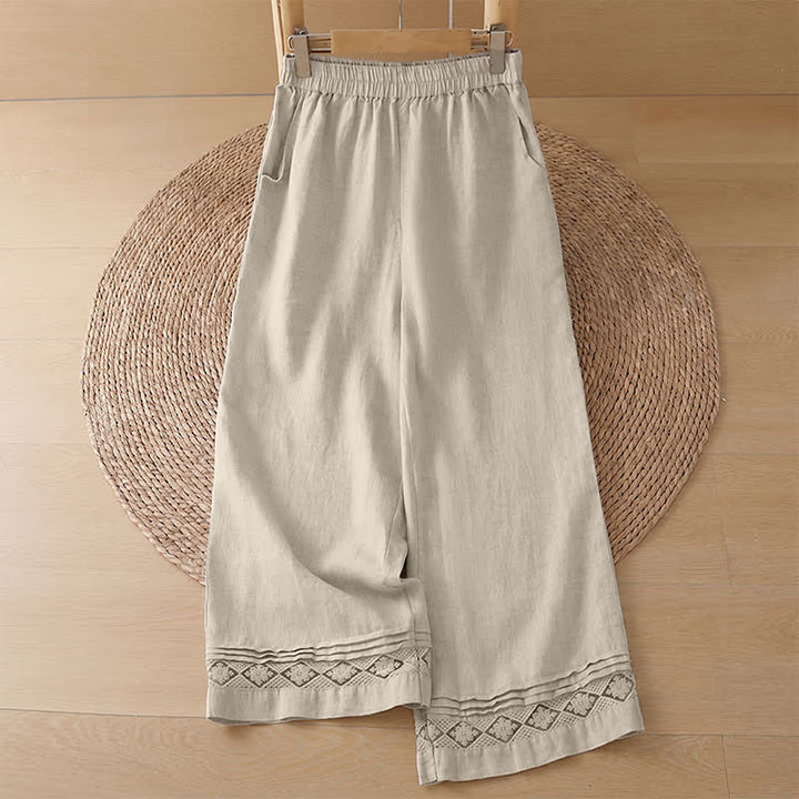Buddha Stones Pantaloni estivi casual minimalisti con orlo traforato e motivo geometrico, da donna a gamba larga con tasche. - Pantaloni di lino - US8-10, UK/AU12-14, EU40-42 (2XL) - image 31