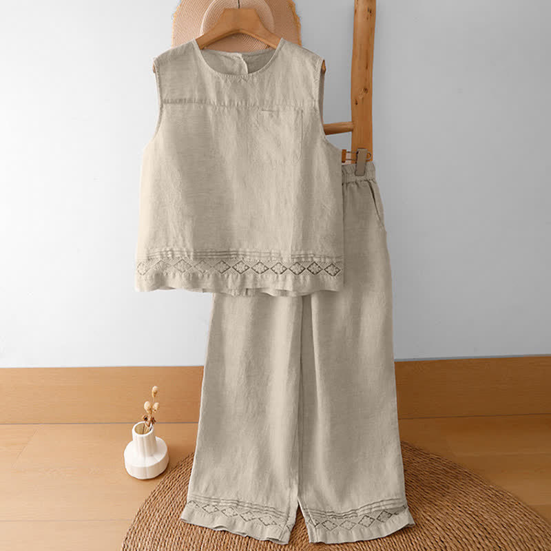 Buddha Stones Pantaloni estivi casual minimalisti con orlo traforato e motivo geometrico, da donna a gamba larga con tasche. - image 46