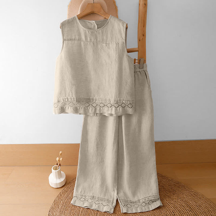 Buddha Stones Pantaloni estivi casual minimalisti con orlo traforato e motivo geometrico, da donna a gamba larga con tasche. - image 46