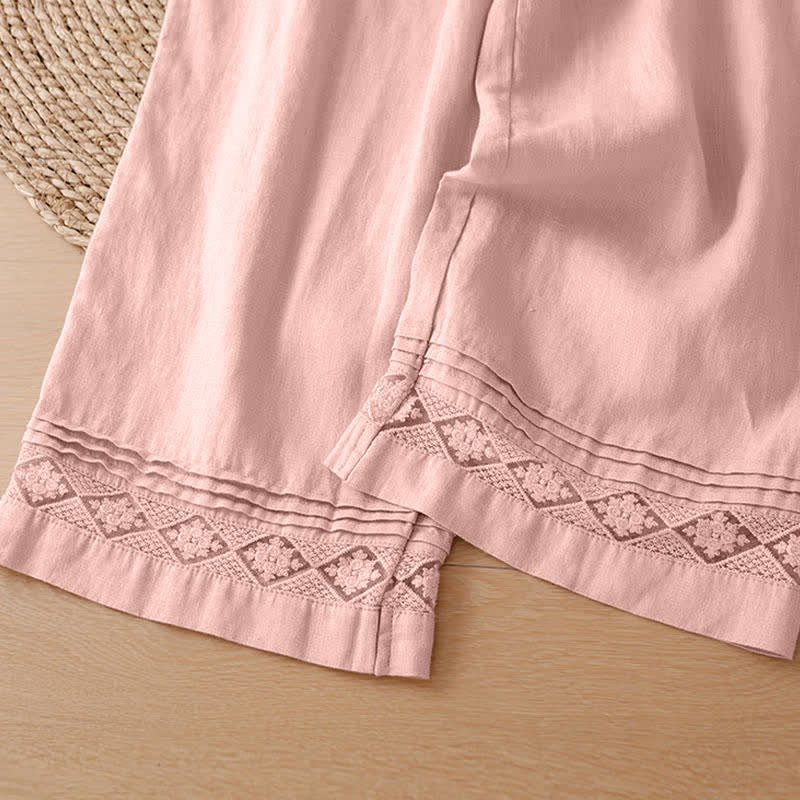 Buddha Stones Pantaloni estivi casual minimalisti con orlo traforato e motivo geometrico, da donna a gamba larga con tasche. - image 21