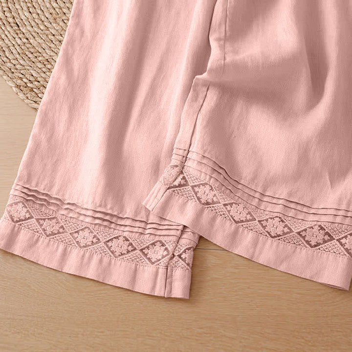 Buddha Stones Pantaloni estivi casual minimalisti con orlo traforato e motivo geometrico, da donna a gamba larga con tasche. - image 21