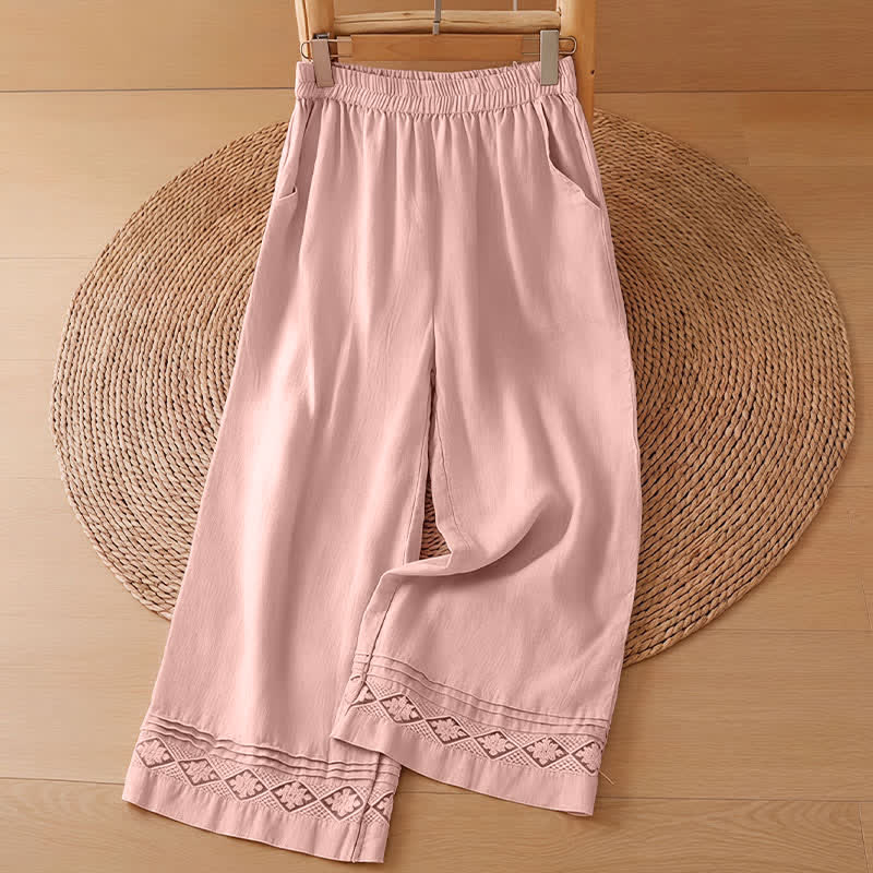 Buddha Stones Pantaloni estivi casual minimalisti con orlo traforato e motivo geometrico, da donna a gamba larga con tasche. - Pantaloni rosa chiaro - US8-10, UK/AU12-14, EU40-42 (2XL) - image 16