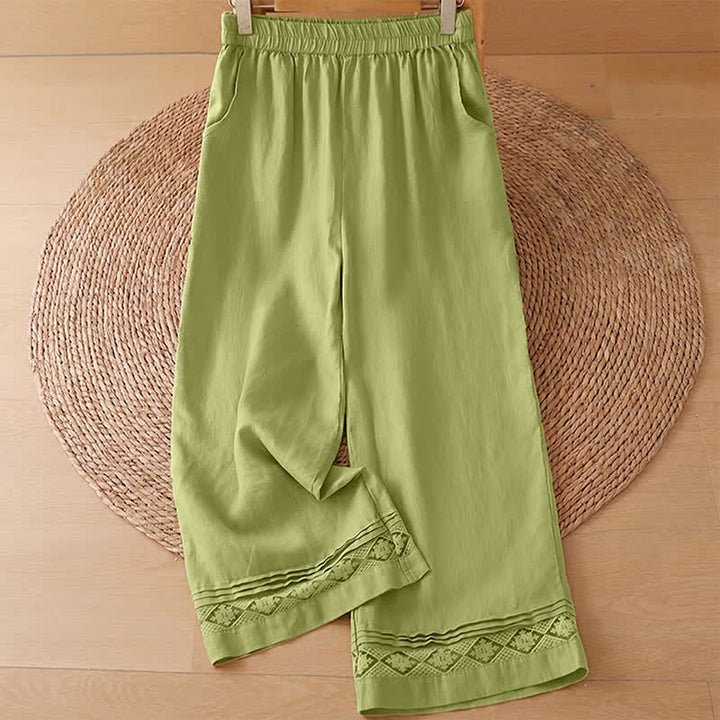 Buddha Stones Pantaloni estivi casual minimalisti con orlo traforato e motivo geometrico, da donna a gamba larga con tasche. - Pantaloni giallo-verdi - US8-10, UK/AU12-14, EU40-42 (2XL) - image 0