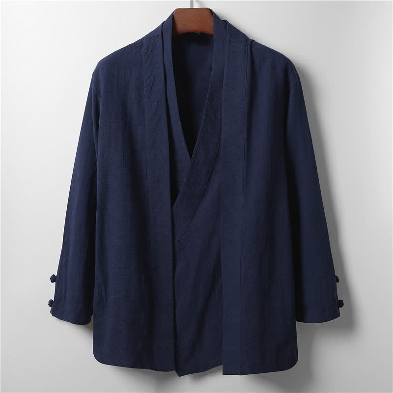 Buddha Stones Kimono da uomo primaverile, casual, minimalista, tinta unita, con revers in ramia. - Blu notte - US/UK/AU44, EU54 (4XL) - image 10