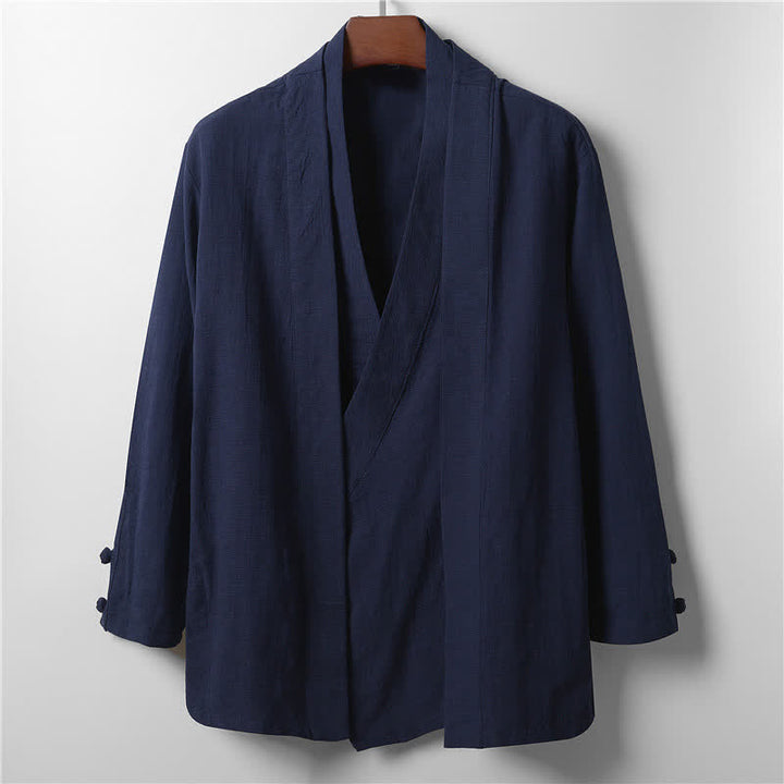 Buddha Stones Kimono da uomo primaverile, casual, minimalista, tinta unita, con revers in ramia. - Blu notte - US/UK/AU44, EU54 (4XL) - image 10