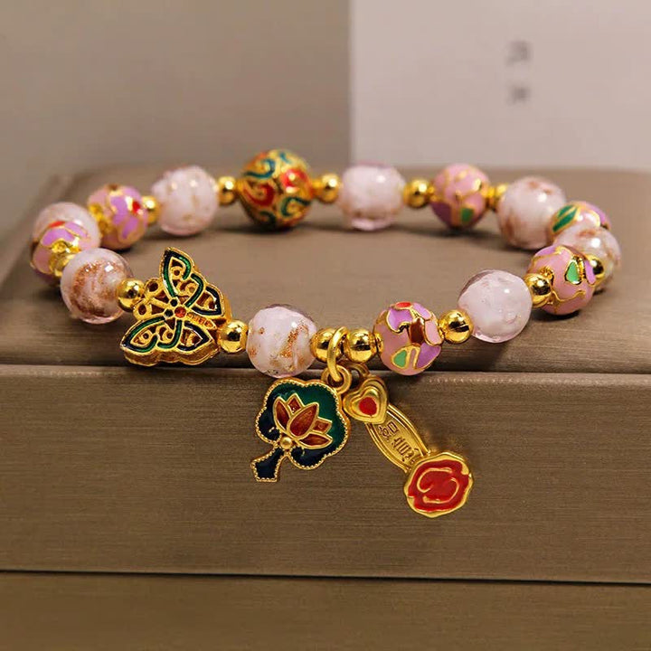 Buddha Stones Braccialetto con ciondolo a forma di farfalla, loto e manico Ruyi di Liuli rosa e motivo Ruyi. - Loto Farfalla Rosa (Circonferenza del polso: 5,91-6,29 pollici / 15-16 cm) - image 0
