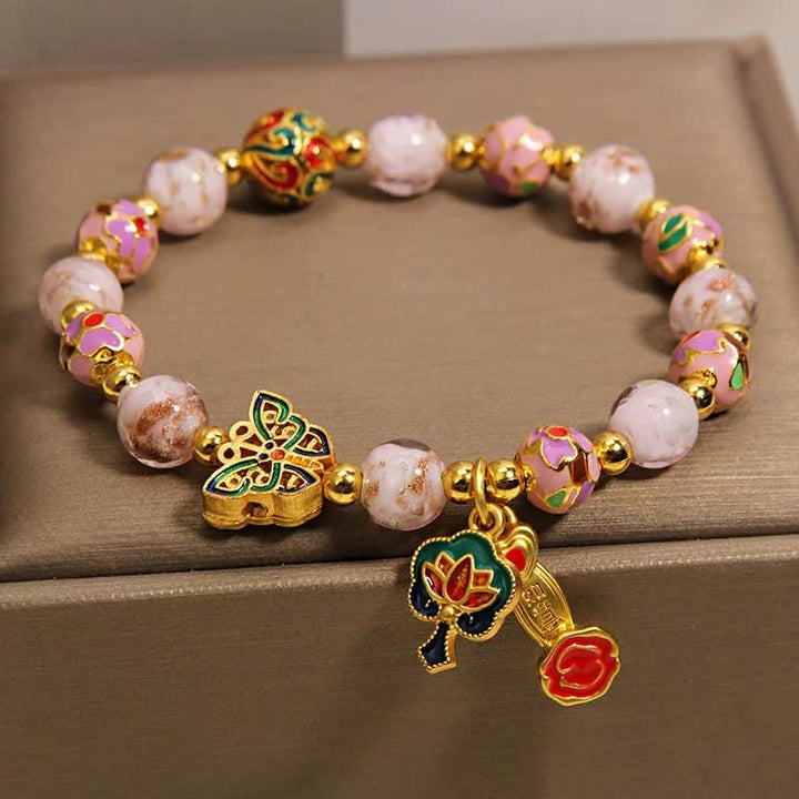 Buddha Stones Braccialetto con ciondolo a forma di farfalla, loto e manico Ruyi di Liuli rosa e motivo Ruyi. - image 3