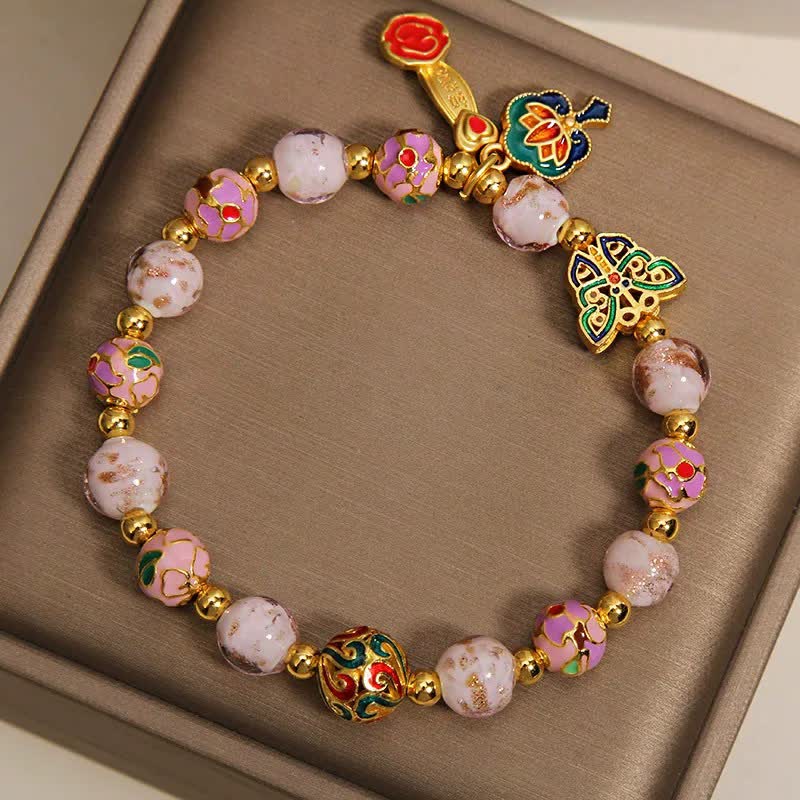 Buddha Stones Braccialetto con ciondolo a forma di farfalla, loto e manico Ruyi di Liuli rosa e motivo Ruyi. - image 2