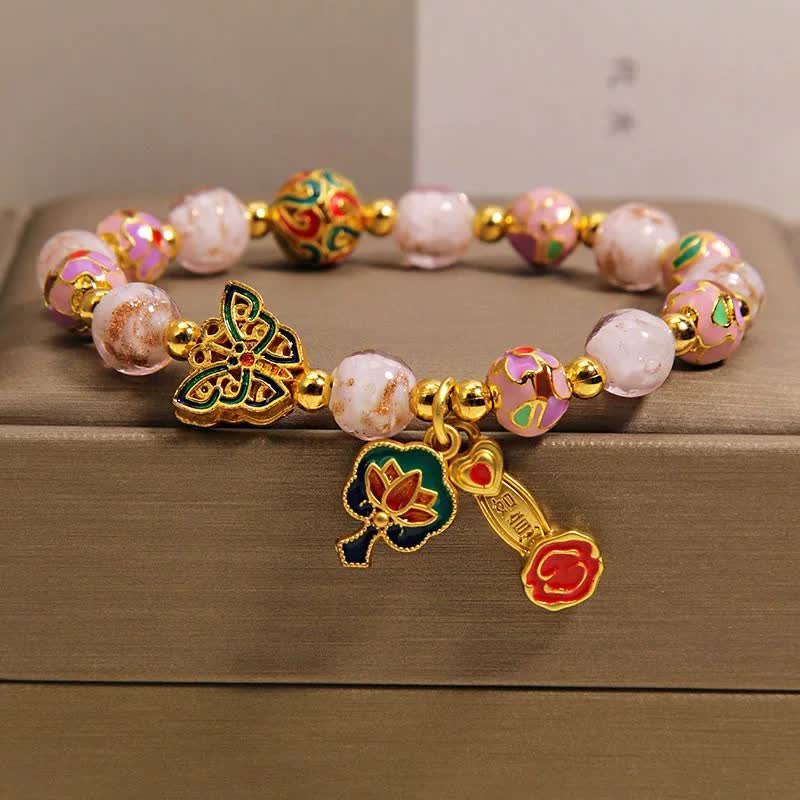 Buddha Stones Braccialetto con ciondolo a forma di farfalla, loto e manico Ruyi di Liuli rosa e motivo Ruyi. - image 9