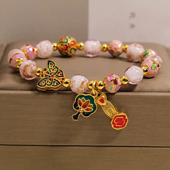 Buddha Stones Braccialetto con ciondolo a forma di farfalla, loto e manico Ruyi di Liuli rosa e motivo Ruyi. - image 9