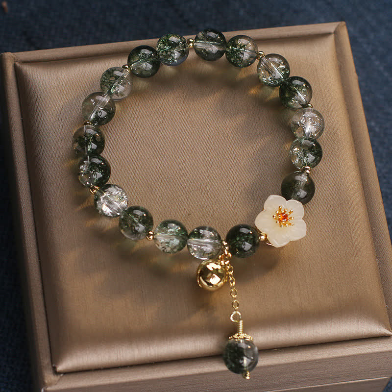 Buddha Stones Braccialetto portafortuna con ciondolo a forma di fiore in giada bianca fantasma verde. - image 1