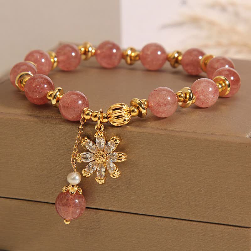 Buddha Stones Braccialetto "Amore" con perle di quarzo fragola e margherite - image 1