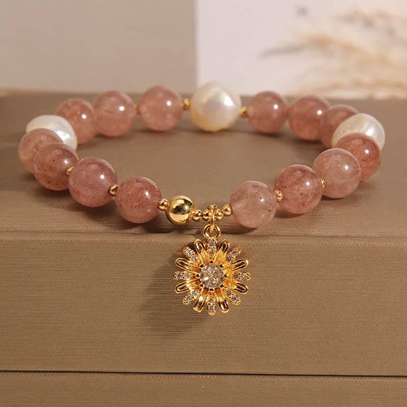 Buddha Stones Braccialetto "Amore" con perle di quarzo fragola e margherite - Fiore di margherita perla (Circonferenza del polso: 5,91-6,29 pollici / 15-16 cm) - image 9