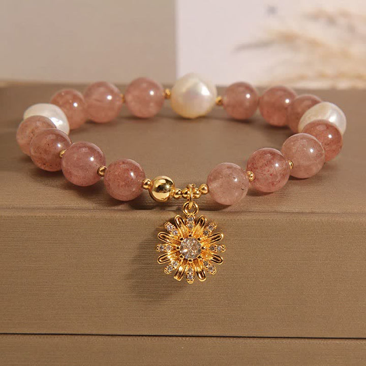Buddha Stones Braccialetto "Amore" con perle di quarzo fragola e margherite - Fiore di margherita perla (Circonferenza del polso: 5,91-6,29 pollici / 15-16 cm) - image 9
