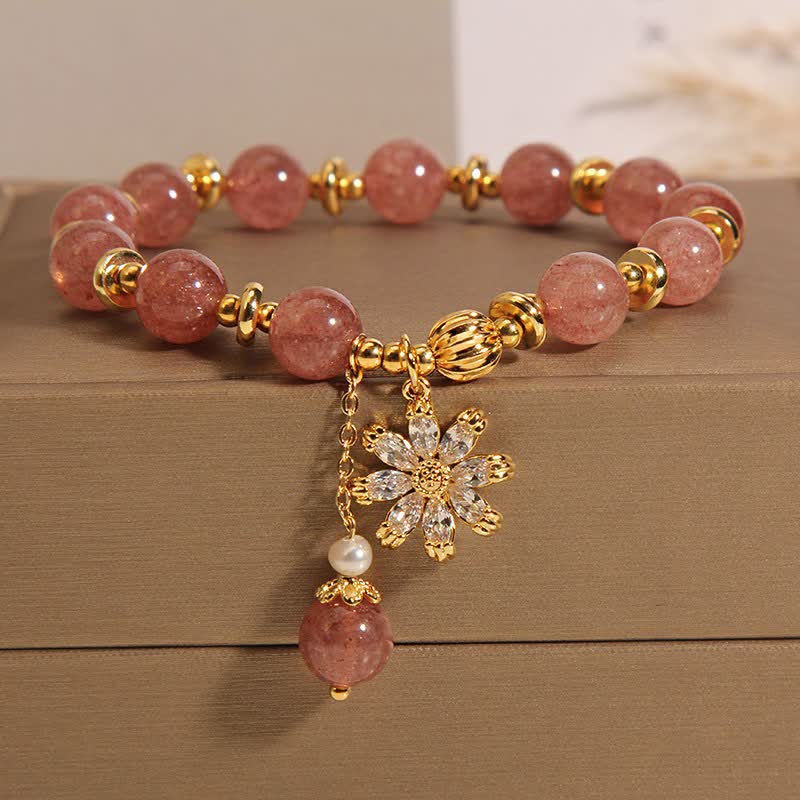 Buddha Stones Braccialetto "Amore" con perle di quarzo fragola e margherite - Fiore di margherita (Circonferenza del polso: 5,91-6,29 pollici / 15-16 cm) - image 0