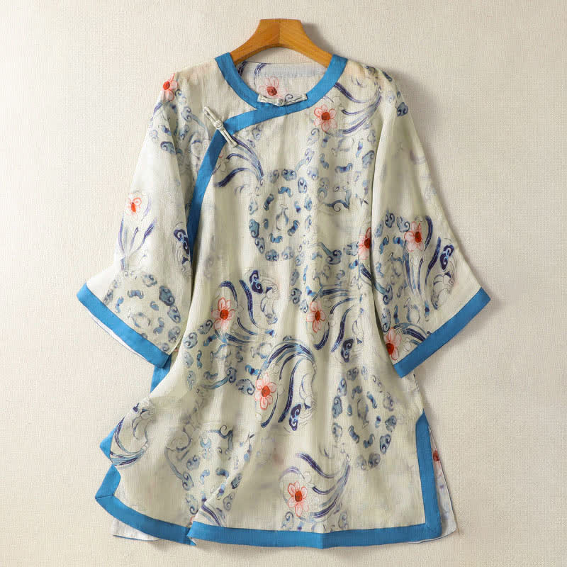 Buddha Stones Camicia da donna a maniche lunghe con bottoni a rana in stile vintage estivo Tang. - Bianco Floreale - US12, UK/AU16, EU44 (2XL) - image 0