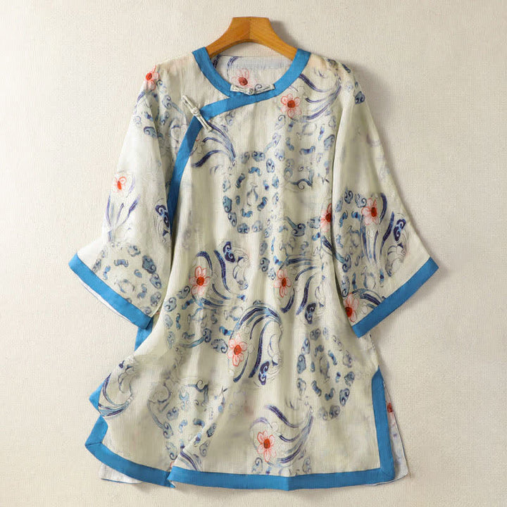 Buddha Stones Camicia da donna a maniche lunghe con bottoni a rana in stile vintage estivo Tang. - Bianco Floreale - US12, UK/AU16, EU44 (2XL) - image 0