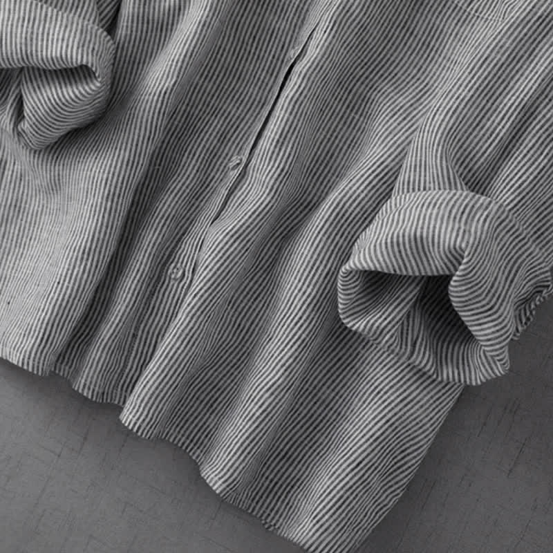 Buddha Stones Camicia da donna estiva casual a maniche lunghe a righe con bottoni, stile Tang, con tasca. - image 6
