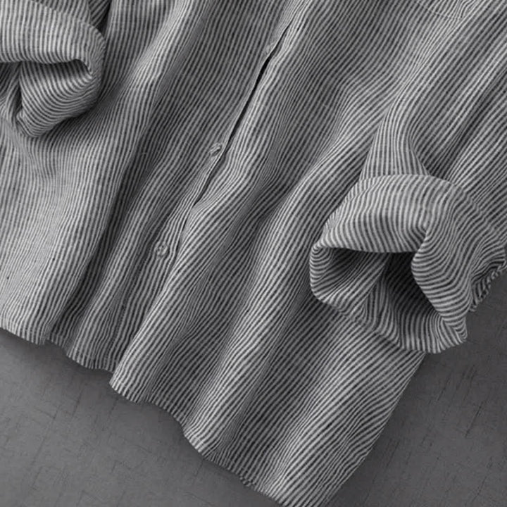 Buddha Stones Camicia da donna estiva casual a maniche lunghe a righe con bottoni, stile Tang, con tasca. - image 6