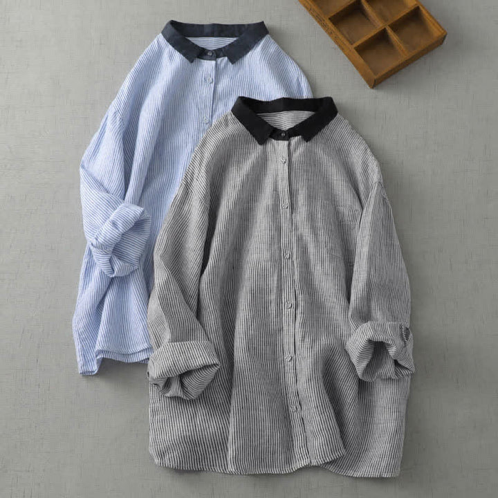 Buddha Stones Camicia da donna estiva casual a maniche lunghe a righe con bottoni, stile Tang, con tasca. - image 12
