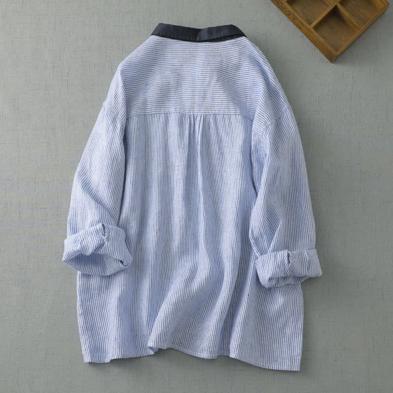 Buddha Stones Camicia da donna estiva casual a maniche lunghe a righe con bottoni, stile Tang, con tasca. - image 1