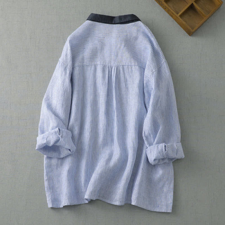 Buddha Stones Camicia da donna estiva casual a maniche lunghe a righe con bottoni, stile Tang, con tasca. - image 1