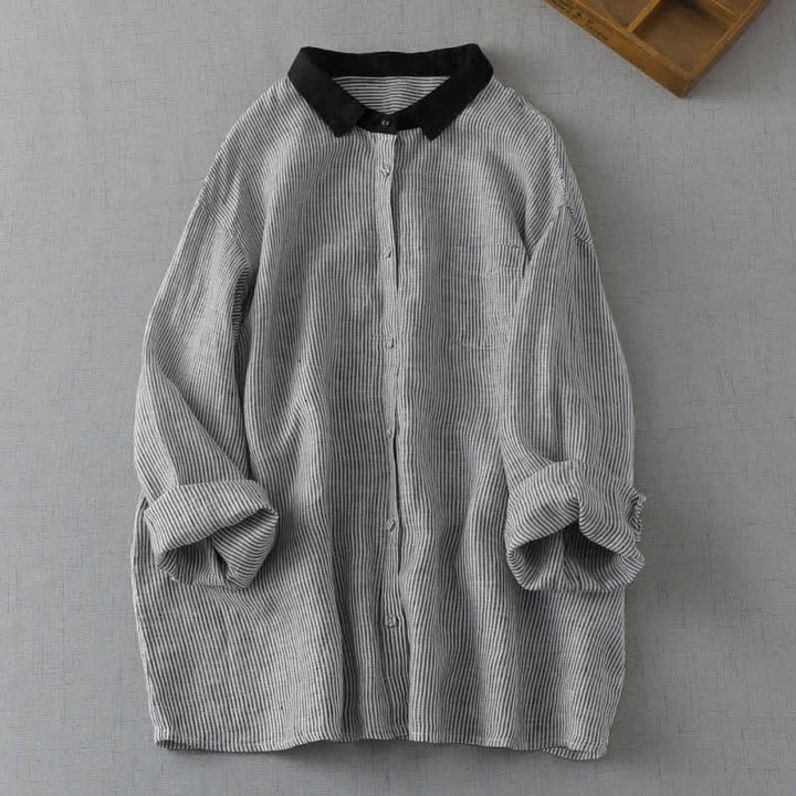 Buddha Stones Camicia da donna estiva casual a maniche lunghe a righe con bottoni, stile Tang, con tasca. - Grigio chiaro - US8-10, UK/AU12-14, EU40-42 (2XL) - image 2