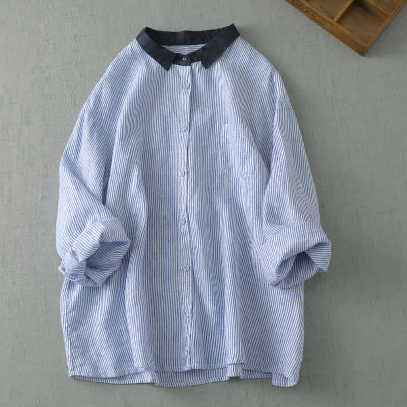 Buddha Stones Camicia da donna estiva casual a maniche lunghe a righe con bottoni, stile Tang, con tasca. - Azzurro chiaro - US8-10, UK/AU12-14, EU40-42 (2XL) - image 0