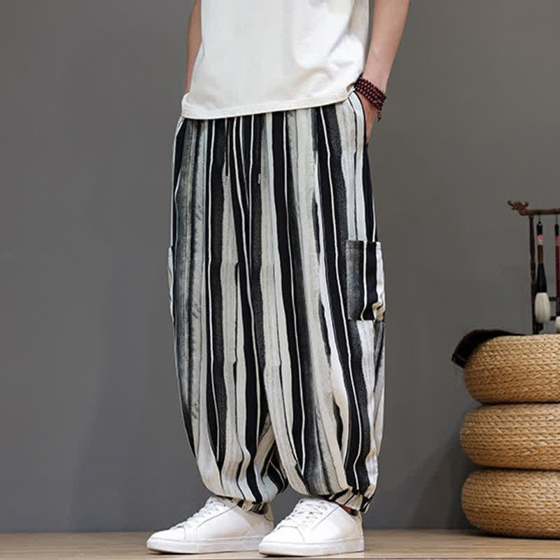 Buddha Stones Pantaloni corti estivi casual boho a righe con tasche applicate, pantaloni harem da uomo con tasche - Nero - US/UK/AU46, EU56 (5XL) - image 3