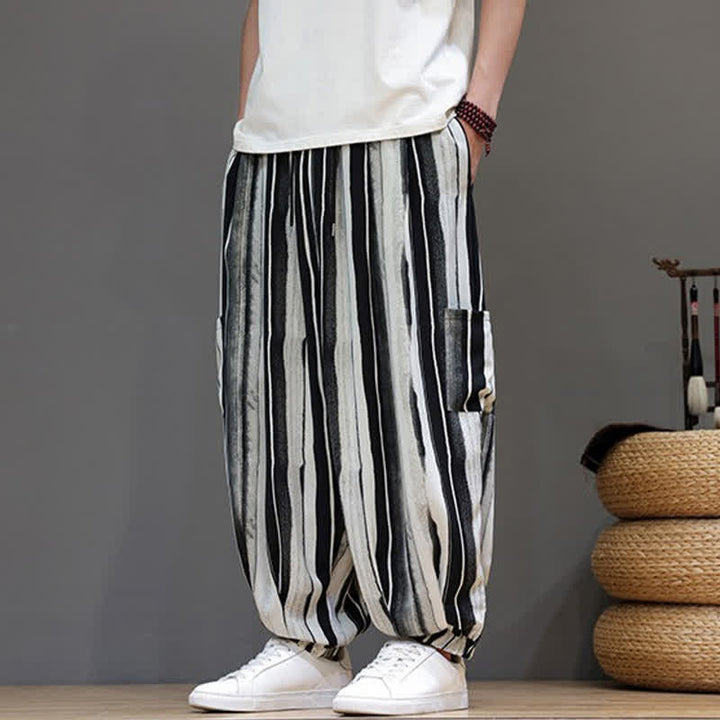 Buddha Stones Pantaloni corti estivi casual boho a righe con tasche applicate, pantaloni harem da uomo con tasche - Nero - US/UK/AU46, EU56 (5XL) - image 3