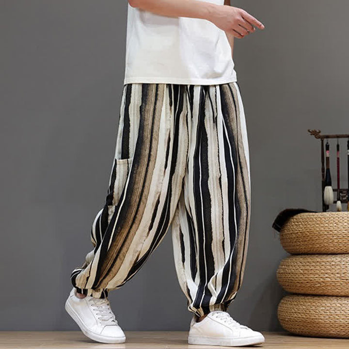Buddha Stones Pantaloni corti estivi casual boho a righe con tasche applicate, pantaloni harem da uomo con tasche - image 14