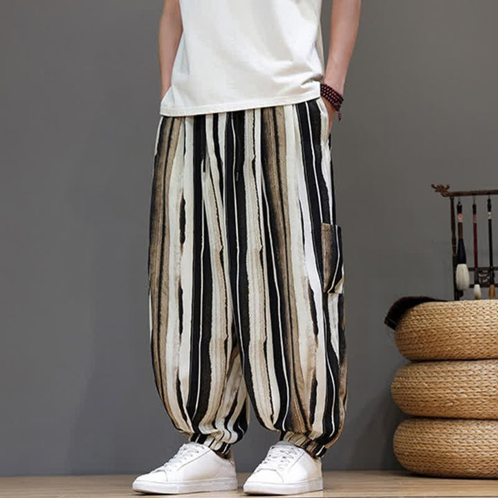 Buddha Stones Pantaloni corti estivi casual boho a righe con tasche applicate, pantaloni harem da uomo con tasche - Tan - US/UK/AU46, EU56 (5XL) - image 11