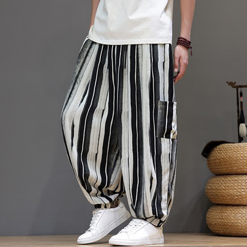 Buddha Stones Pantaloni corti estivi casual boho a righe con tasche applicate, pantaloni harem da uomo con tasche - image 2