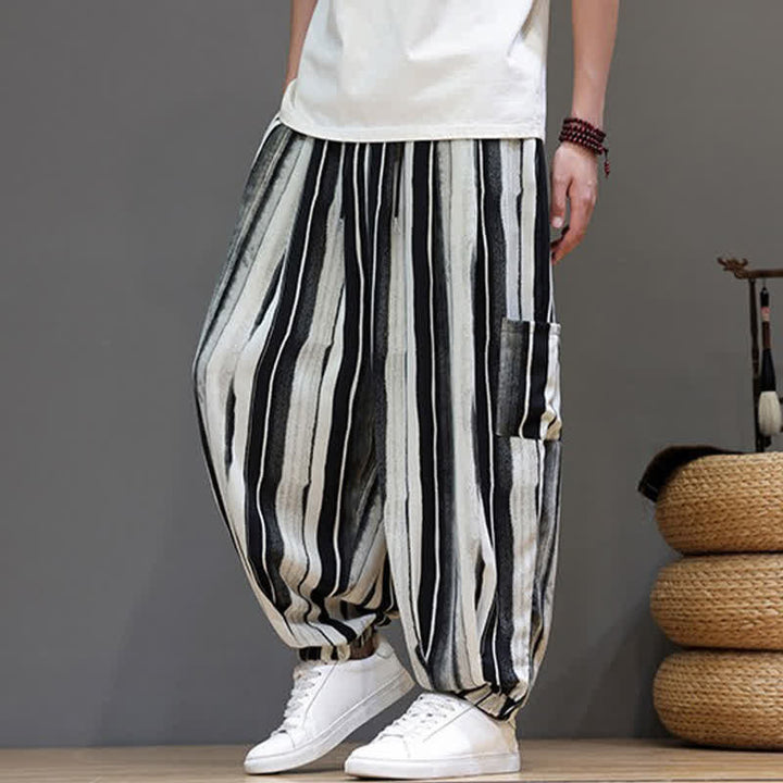 Buddha Stones Pantaloni corti estivi casual boho a righe con tasche applicate, pantaloni harem da uomo con tasche - image 2
