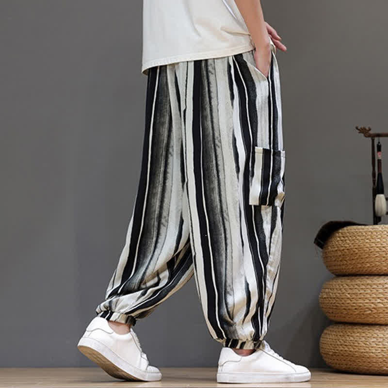 Buddha Stones Pantaloni corti estivi casual boho a righe con tasche applicate, pantaloni harem da uomo con tasche - image 8