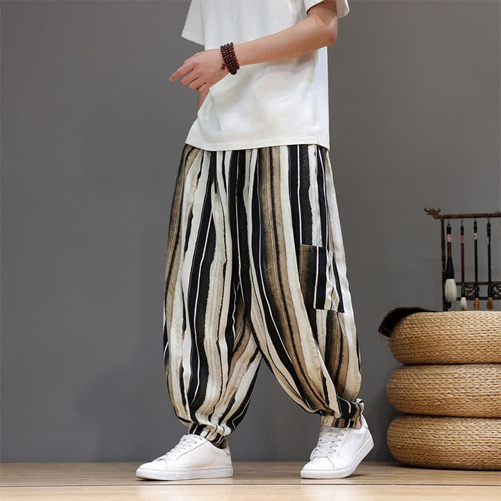 Buddha Stones Pantaloni corti estivi casual boho a righe con tasche applicate, pantaloni harem da uomo con tasche - image 12