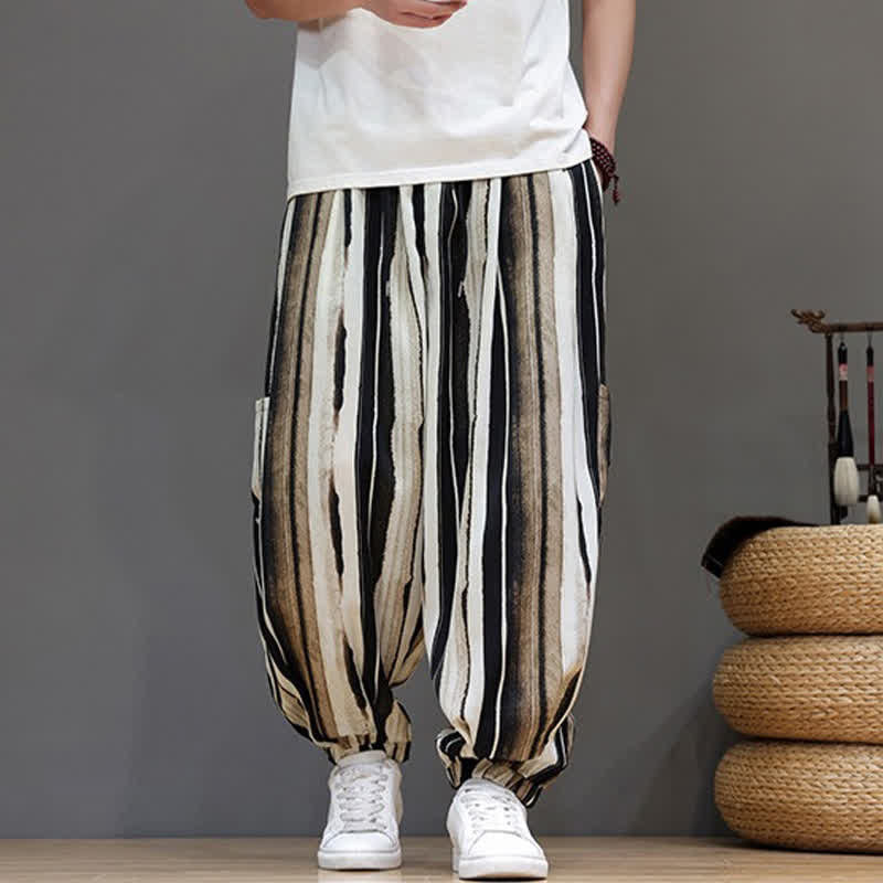 Buddha Stones Pantaloni corti estivi casual boho a righe con tasche applicate, pantaloni harem da uomo con tasche - image 10