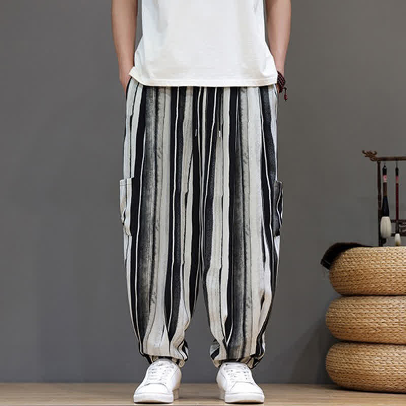 Buddha Stones Pantaloni corti estivi casual boho a righe con tasche applicate, pantaloni harem da uomo con tasche - image 1
