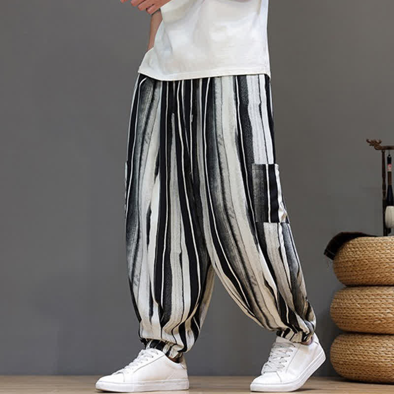 Buddha Stones Pantaloni corti estivi casual boho a righe con tasche applicate, pantaloni harem da uomo con tasche - image 0
