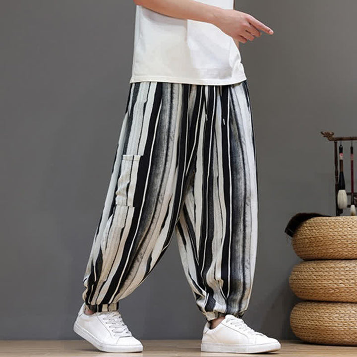 Buddha Stones Pantaloni corti estivi casual boho a righe con tasche applicate, pantaloni harem da uomo con tasche - image 7