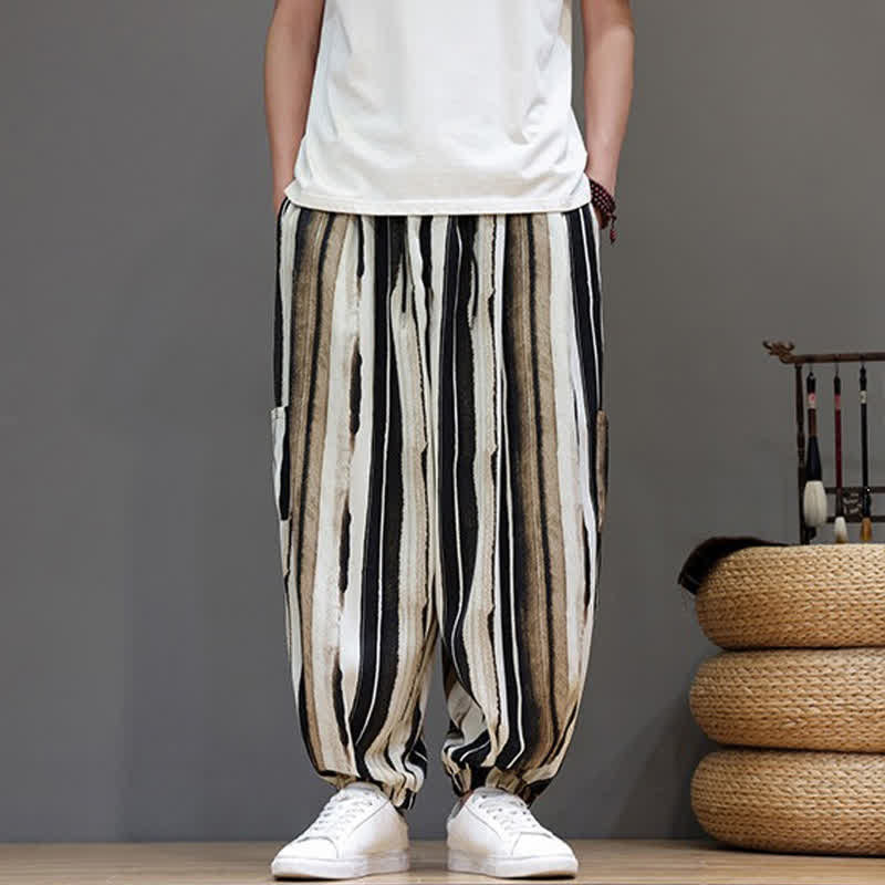 Buddha Stones Pantaloni corti estivi casual boho a righe con tasche applicate, pantaloni harem da uomo con tasche - image 9