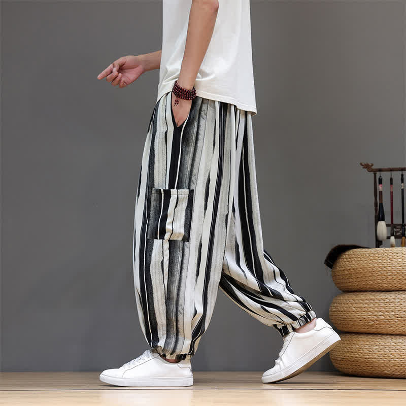 Buddha Stones Pantaloni corti estivi casual boho a righe con tasche applicate, pantaloni harem da uomo con tasche - image 4