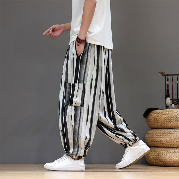 Buddha Stones Pantaloni corti estivi casual boho a righe con tasche applicate, pantaloni harem da uomo con tasche - image 4