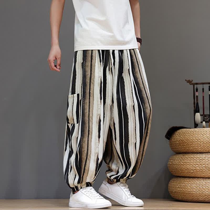 Buddha Stones Pantaloni corti estivi casual boho a righe con tasche applicate, pantaloni harem da uomo con tasche - image 16