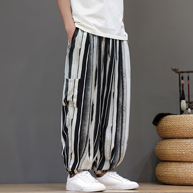 Buddha Stones Pantaloni corti estivi casual boho a righe con tasche applicate, pantaloni harem da uomo con tasche - image 6