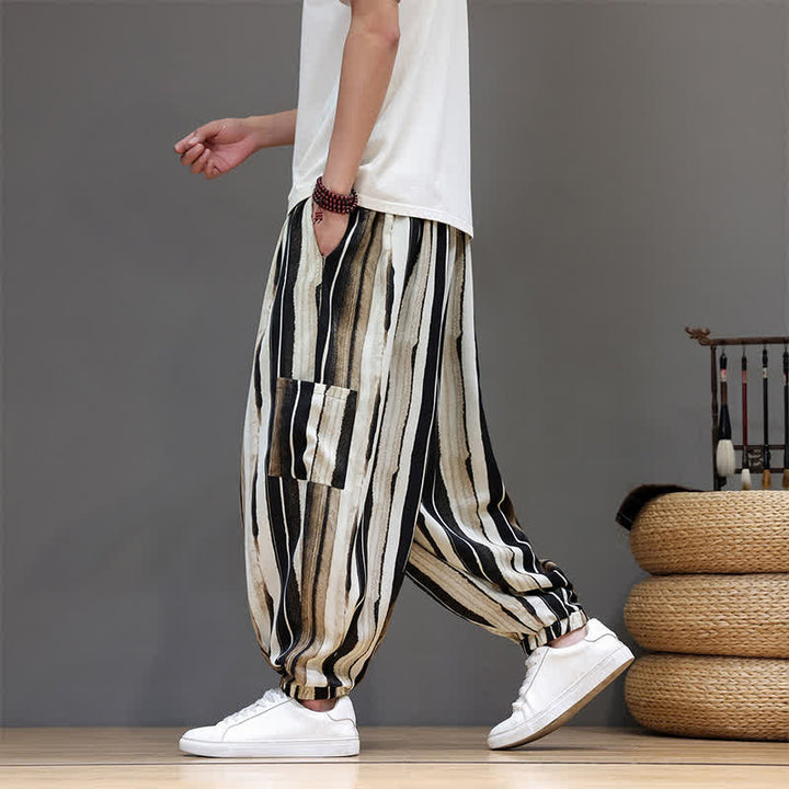 Buddha Stones Pantaloni corti estivi casual boho a righe con tasche applicate, pantaloni harem da uomo con tasche - image 13