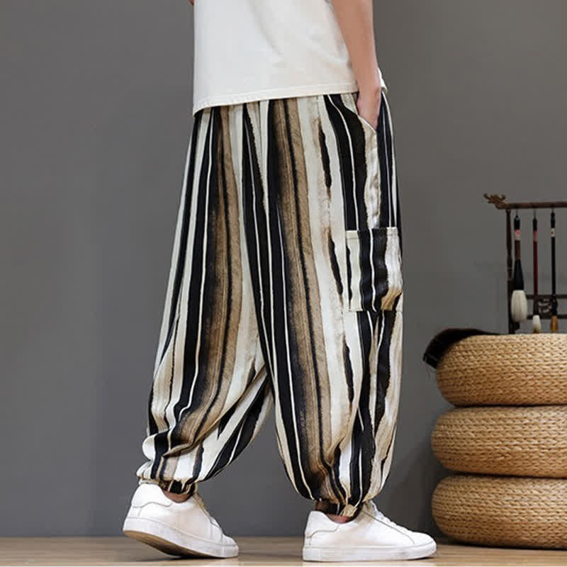 Buddha Stones Pantaloni corti estivi casual boho a righe con tasche applicate, pantaloni harem da uomo con tasche - image 17