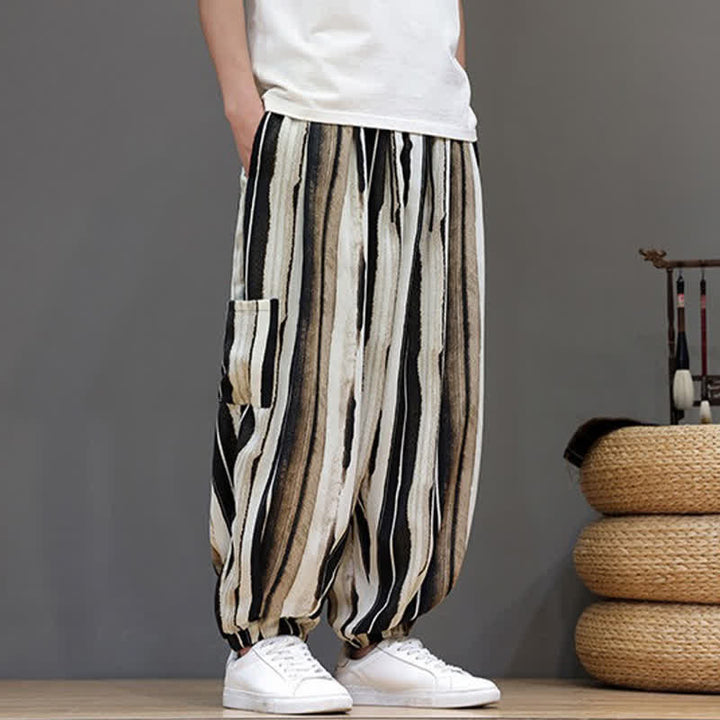 Buddha Stones Pantaloni corti estivi casual boho a righe con tasche applicate, pantaloni harem da uomo con tasche - image 15