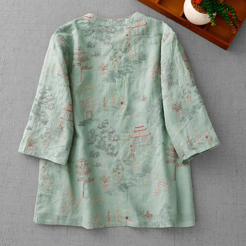 Buddha Stones Camicia da donna a maniche corte in stile Tang estivo vintage con colletto alla coreana e ricami astratti. - image 1
