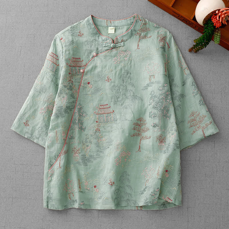 Buddha Stones Camicia da donna a maniche corte in stile Tang estivo vintage con colletto alla coreana e ricami astratti. - Verde Mare Scuro - US8-10, UK/AU12-14, EU40-42 (2XL) - image 0